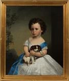 Lot#2095, AMERICAN SCHOOL, OIL ON CANVAS, 19TH C., 29" X 25", BOY IN FROCK WITH PUPPY,Unsigned; modern frame.