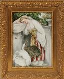 Lot#2119, HAND PAINTED PORCELAIN PLAQUE H 10" L 7"In the Orientalist style and depicting a seated woman holding a feather fan with a swan at her feet. Unsigned. Framed.