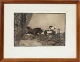 Lot#2140, FRANCISCO GOYA, ETCHING, H 8" L 12", "TEMERIDAD DE MARTINCHO"Label on verso "Numero 18 Temeridad De Martincho En La Plaza De Zaragoza" Framed under glass with Goya chop rendition lower right.