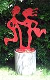 Lot#2151, CONTEMPORARY ABSTRACT SCULPTURE, SIGNED, H 54", L 52", A DANCING COUPLE MANSI,Red in color. On cylindrical stone base. Signed in monogram "JM" (unidentified, see photo). Height of figures: 54". Height of stone base: 29 1/2".