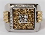 Lot#2170, 18 KT WHITE/YELLOW GOLD & DIAMOND, MEN'S MECHANICAL DECO RING.Having a 0.30 carat center diamond, with side diamonds weighing 0.30 carats total. G-color, VS-2 clarity rating. Total weight of the ring is 23.1gms.