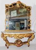 Lot#2195,CONTINENTAL FRENCH STYLE CONSOLE, 36" X 72" AND MIRROR 67" X 62"The console is H 36", L 72", D 24" while the mirror is H 67", L 62" each featuring gilt wood with leaf and shell designs.