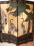 Lot#2274, CHINESE BLACK LACQUER FOUR PANEL SCREEN.72'' x 66'': each panel 16''. Tree and bird design, colors of teal, mauve, white, yellow, and black