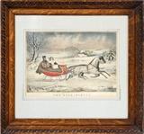 Lot#2423, CURRIER & IVES LITHOGRAPH, "THE ROAD, WINTER" 9" X 13",Winter Sleigh Scene. Carved wood frame. "Lith Of N Currier N.Y." lower right.