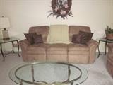 Sofa, Micro fiber sofa, glass top table, matching end tables.