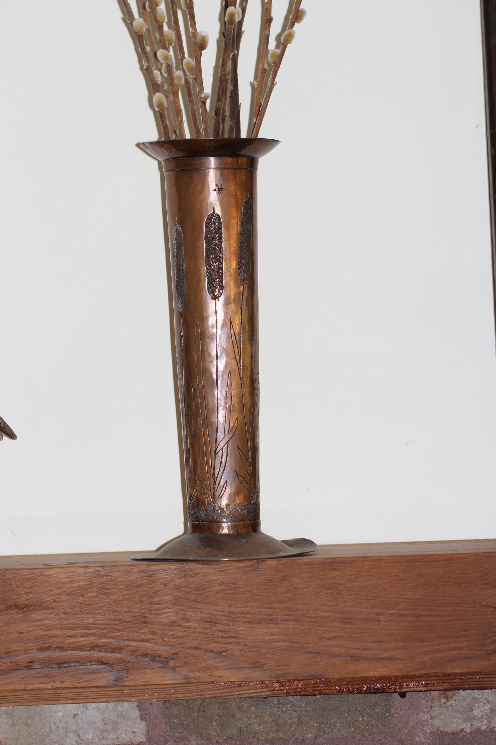 copper vase, etched cattail design