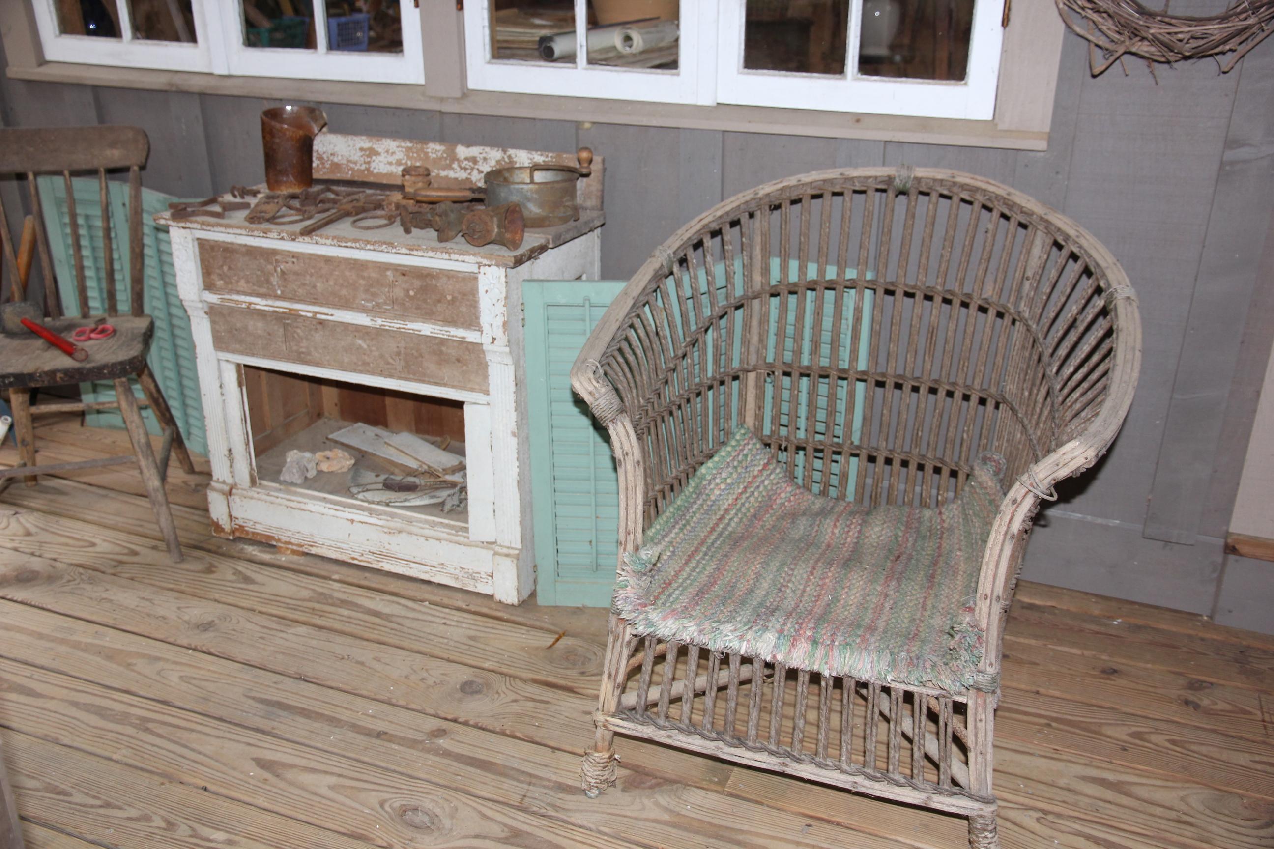nice old wicker chair, misc. wood items with old paint