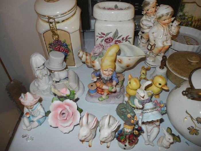 Cute figurines....Lefton gnome, Precious Moments bride and groom, Willow Tree and more....