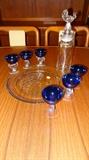 Rooster Beverage Decanter with Cobalt Glasses and Serving Platter