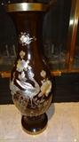 Mother of Pearl Laquer Reproduction Brass 23" Tall Vase