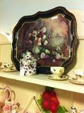 tray, tea pots, and cups & saucers