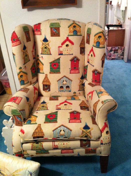                     bird house upholstered wingback chair