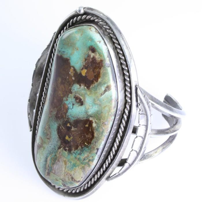 Estate Native American unmarked sterling silver turquoise cuff bracelet: 2 3/8" inner diameter, 89.9 gms gross weight