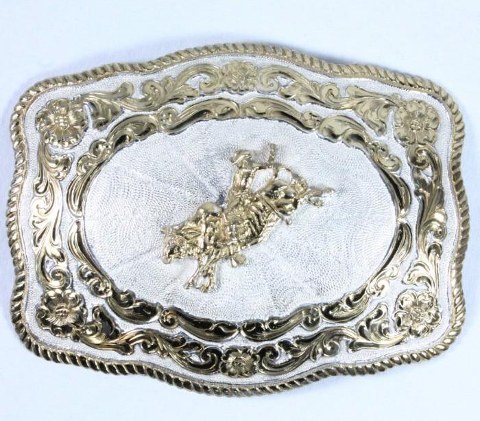 Estate Crumrine 2-tone gold-plated & silver-plated rodeo belt buckle: 6” wide