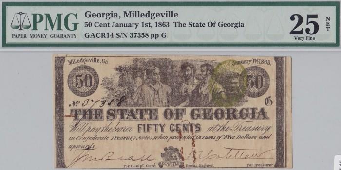 Certified U.S. 1863 State of Georgia 50-cent banknote authenticated & graded Very Fine 25 NET by PMG (Paper Money Guaranty)