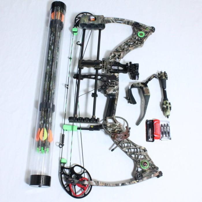 Like-new Mathews Solocam Z7 compound hunting bow with Tight Spot arrow holder, Spot Hogg fiber optic sights, Dead End stopper, 12 Easton Axis 400 9.8 gpi arrows, Scott Wildcat trigger, 3 Grim Reaper hunting arrow tips & a Mathews Black Creek carrying case: 34 1/2” long