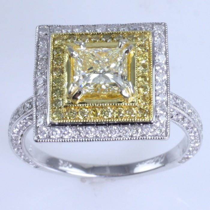New 14K white gold diamond ring with ~2.25 ctw in diamonds; a ~1.01 ct princess-cut center diamond (VS2 clarity, light yellow color) & ~1.25 ctw in round brilliant accent diamonds (clarity, color): size 7, 5.7 gms gross weight. Center diamond certified by E.G.L. Gemological Laboratory. Center diamond appraised in 2012 by U.G.S. (Universal Gemological Services) for $3,600.