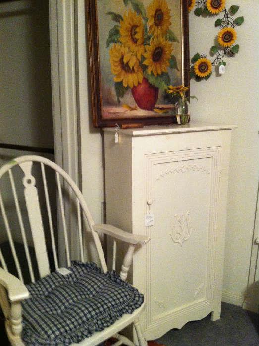                        painted Windsor chair & storage cabinet