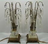 Two (2) Vintage Lamps with Glass Shades, Marble Accents, and Brass Bases. Both are unmarked, power on, and measure 14"h. 