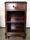 Mahogany Drexel Night Stand from The Newport Collection. Features a single pull out drawer, carved boarders and columns, and a single bottom shelf. Measures 17"w. x 29"h. x 13"d. 