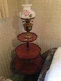 Excellent Three Tiered Display Table & Hand Painted Lantern Lamp