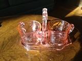 Superb Pink Depression Glass Creamer & Sugar with Caddy