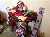 Table Loaded with Neck Scarves, Fans, Vintage Game, & Other Accessories 