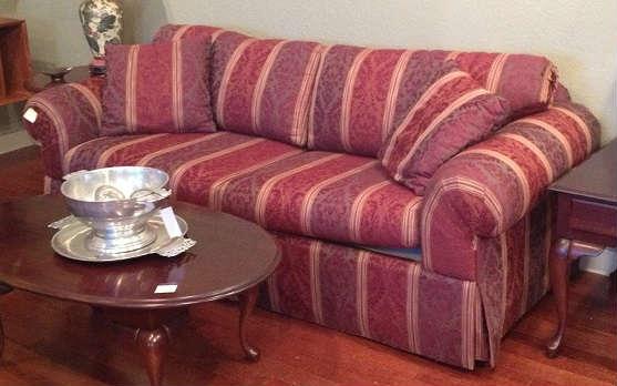 Rowe Burgany and gold striped sofa.