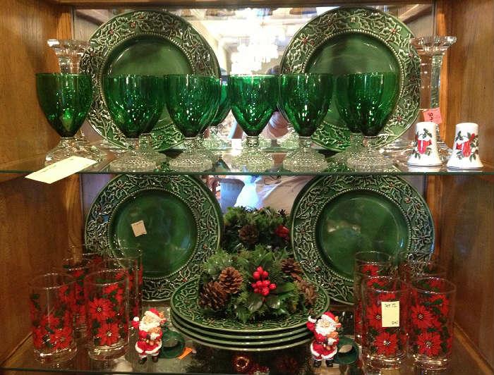 Lovely green plates, green glasses, and highball glasses.