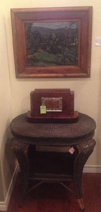 Oil on linen landscape, c 1900 and antique wicker table, art deco radio.