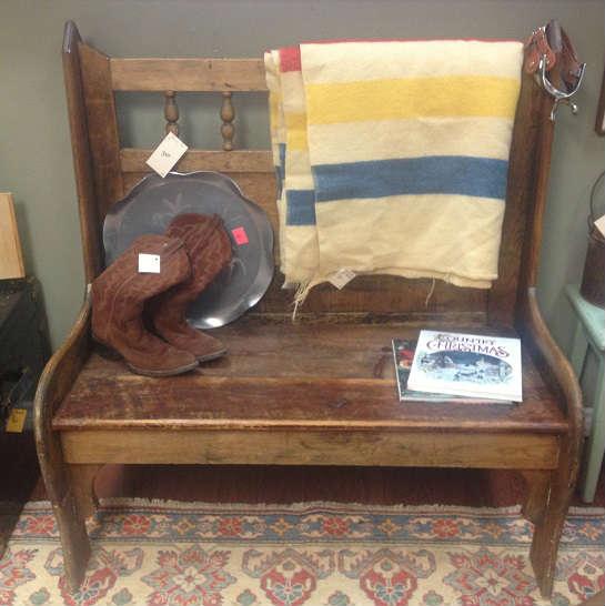 Antique church pew bench, Beacon blanket, and boots.