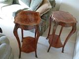 19c French side inlaid tables with bronze tim & a flower design with a wonderful patina