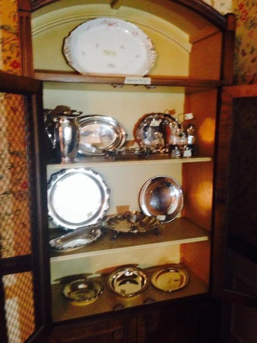 Henredon china cabinet with silver plate serving pieces