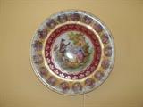 19th century plate, raspberry/blue background Watteau stye design 1921 GEGR Signed Karesbader Wertbeit