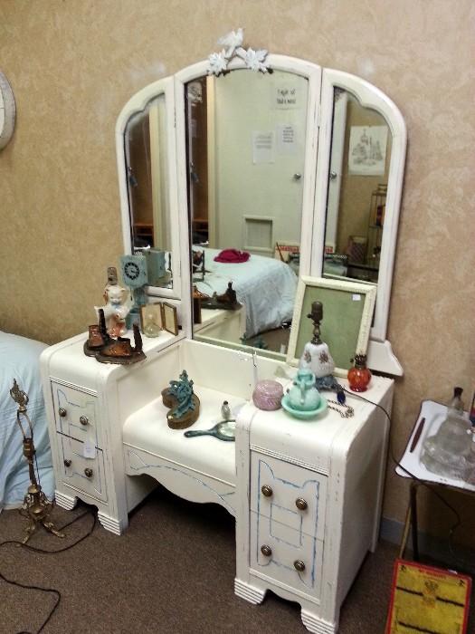 Princess dresser with hinged mirrors and bird accents at top.  Shabby chic design.