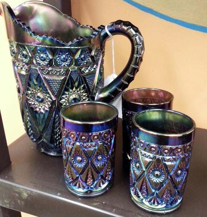 Northwood Cobalt Blue Carnival pitcher and three tumblers.