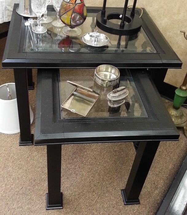 Pair of black metal and glass stackable tables. NICE.