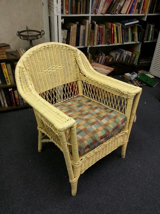 Vintage Wicker chair with wide seat and recovered cushion and new paint.  Reduced.