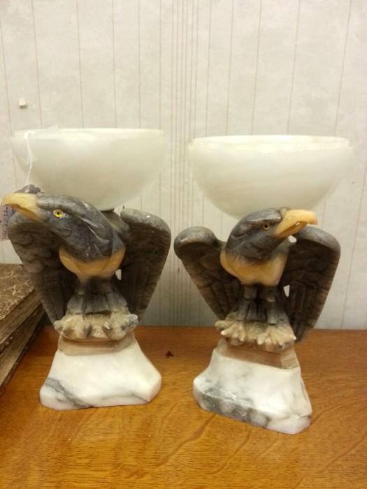 PAIR OF EXQUISITE ANTIQUE CARVED MARBLE EAGLES WITH ALABASTER BLOBE LAMP c.1900! (missing the top half of the globe)