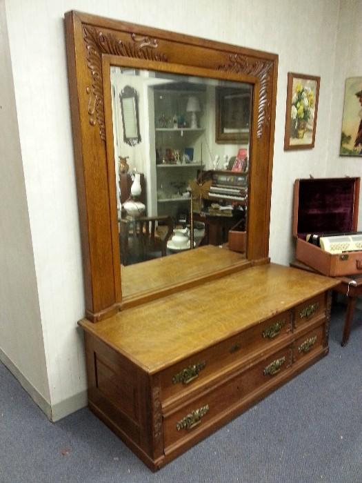 Victorian Solid Oak 19th Century Square Low Dresser with  Unique Hardware - Scrollwork Around Mirror