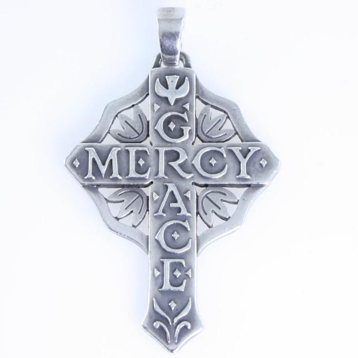 Estate James Avery sterling silver "Mercy / Grace" cross pendant: 1 11/16", 10.3 gms
