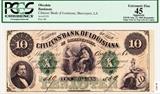 Certified 1860 Citizens' Bank of Louisiana $10 banknote authenticated & graded APPARENT Extremely Fine 45 (edge tear at top left center) by PCGS (the Professional Coin Grading Service)
