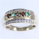 Estate unmarked 14K yellow gold natural emerald, garnet, smoky topaz & diamond ring with ~0.20 ctw in round diamonds (I1 clarity, H to I color): size 6 3/4, 4.6 gms gross weight
