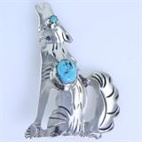 Estate sterling silver turquoise wolf pin hallmarked "AP / STERLING": 1 7/8", 5.5 gms gross weight