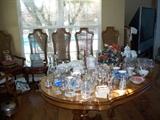 Vintage Thomasville dining room table and chairs with glassware