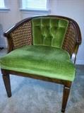 1970's cane & tufted back arm chair in velvet avocado green fabric.