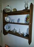 Wood wall shelf & collectibles.