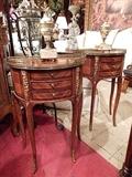 PAIR FRENCH LOUIS XV STYLE DEMI LUNE TABLES WITH BRASS RAILS, ORMOLU MOUNTS