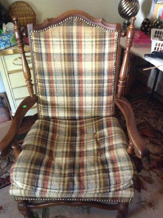 Antique Solid Wood Chair w/ Plaid Cushion