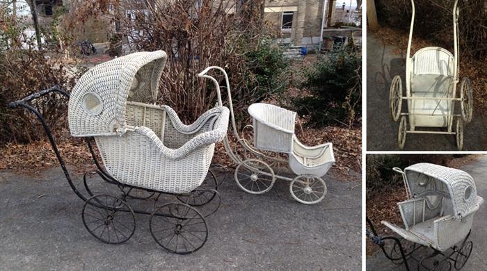 Wicker victorian perambulator and walker buggy. Perambulator has two windows and a hidden drawer, sliding bottom for storage, cover rotates for parental view of child. Both have safety brake.